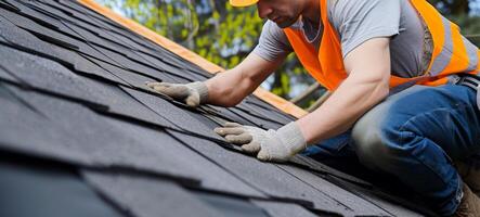 ai generated construction worker hands working on roof tiles installation closeup generative ai photo